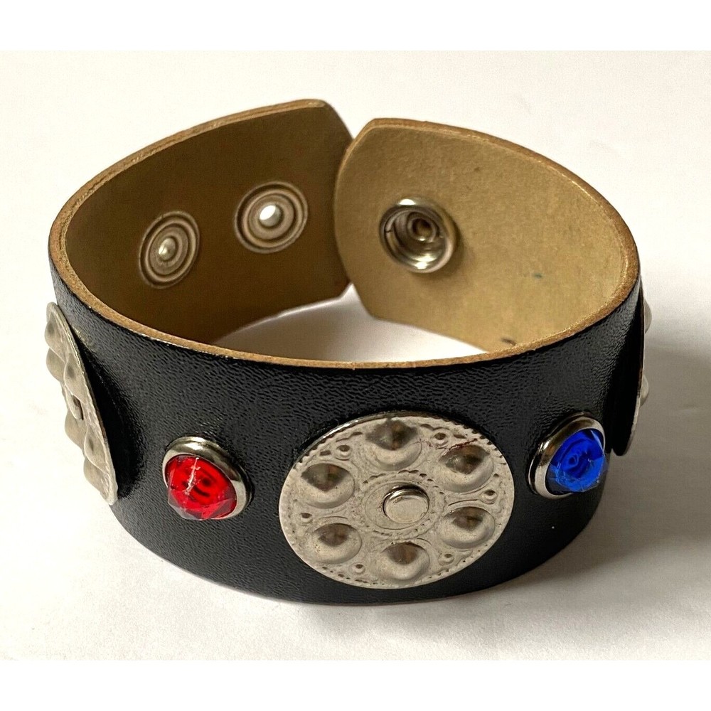 Bracelet Leather Small Multicolor Vintage 1980s Plastic Gems Metal Accents